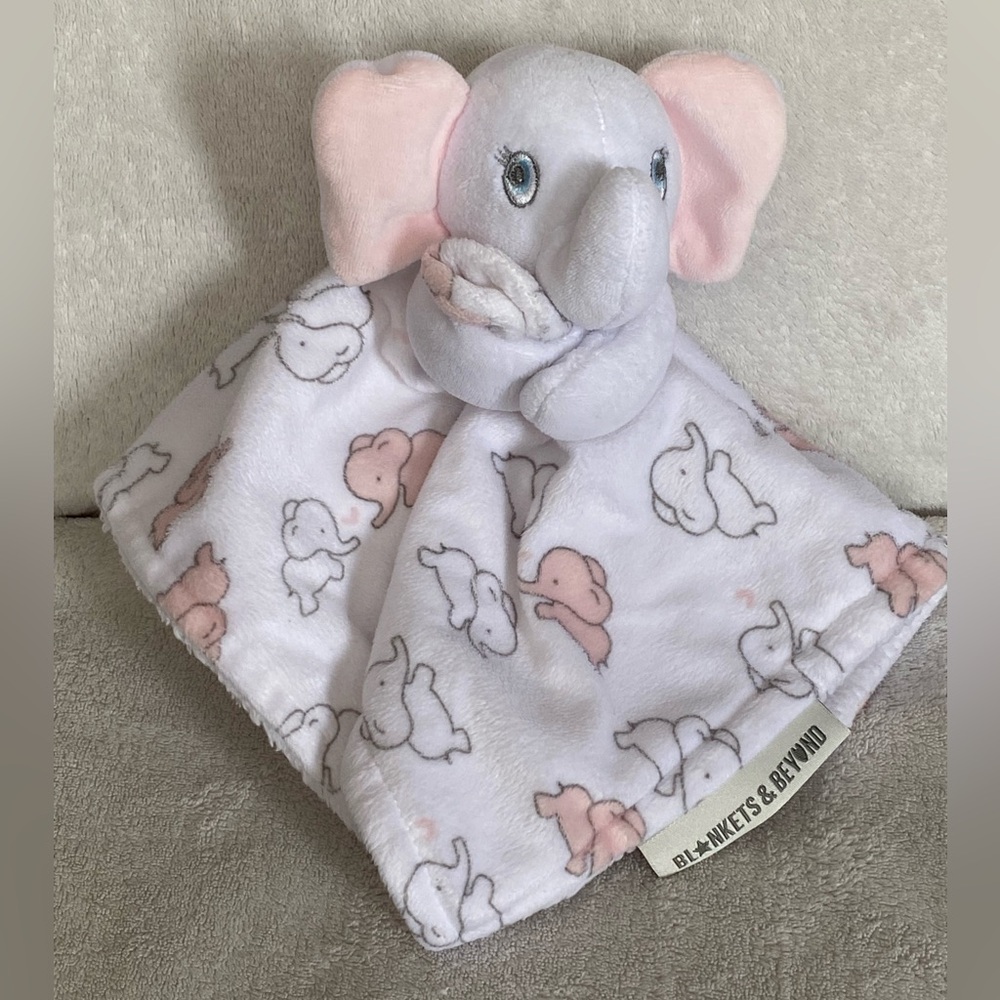 Blankets & Beyond Elephant Lovey Pink White Gray Plush Baby Security Blanket 12”